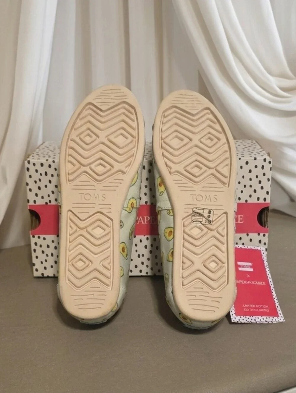 Toms X Paper Source slip-on shoes featuring a limited-edition avocado print.